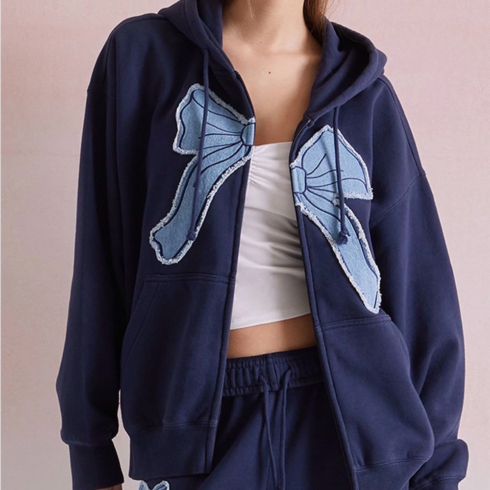 Navy Blue Hoodie with Bow Accents